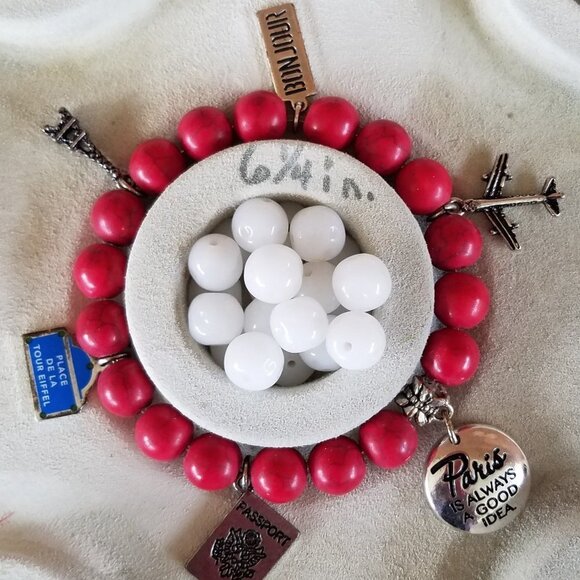 Hand Crafted Paris Red Gemstone Charm Bracelet 6.25" Stretch - Picture 2 of 9